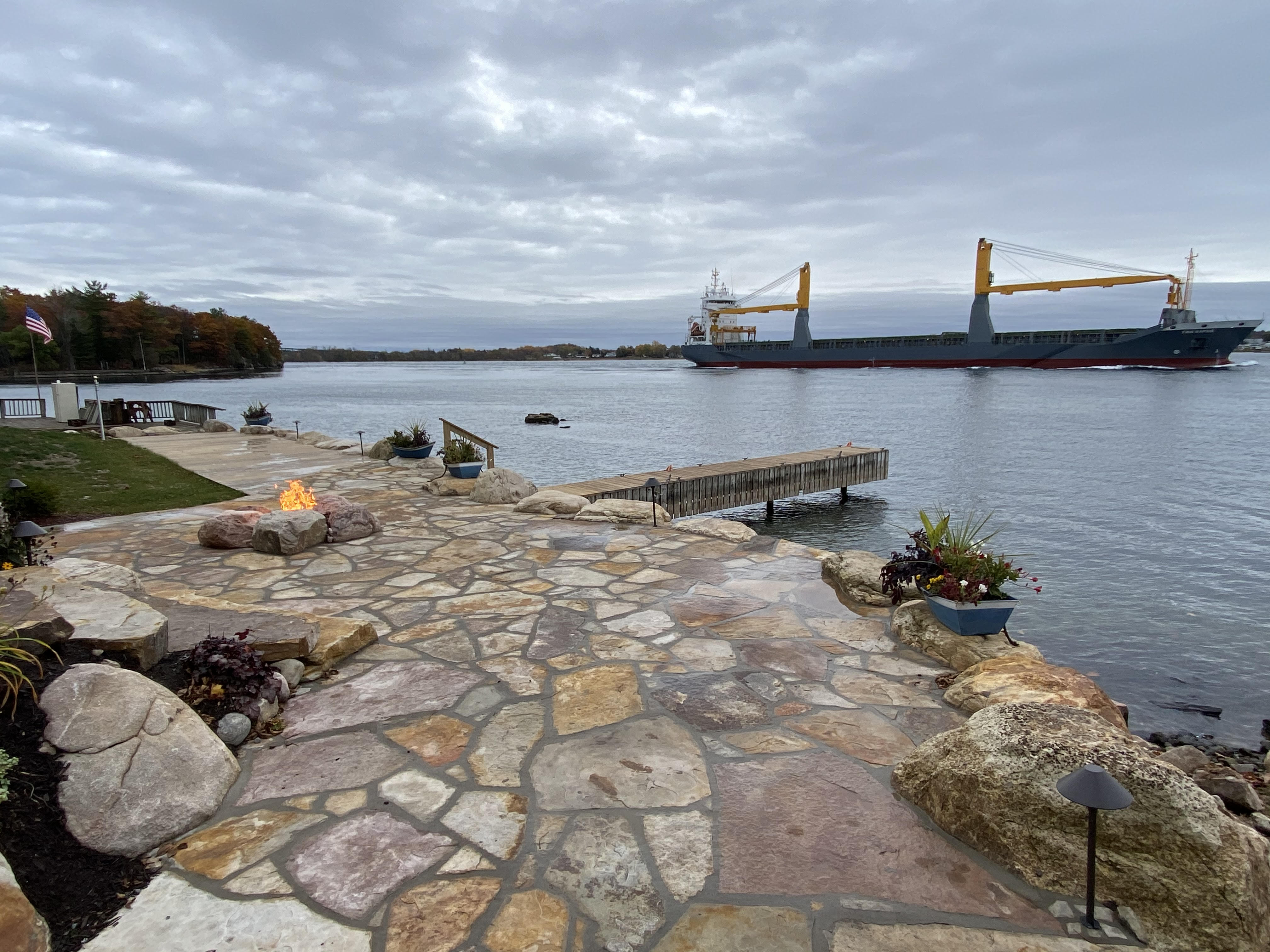 Mortared Flagstone Patio Boulder Gas Fire Pit